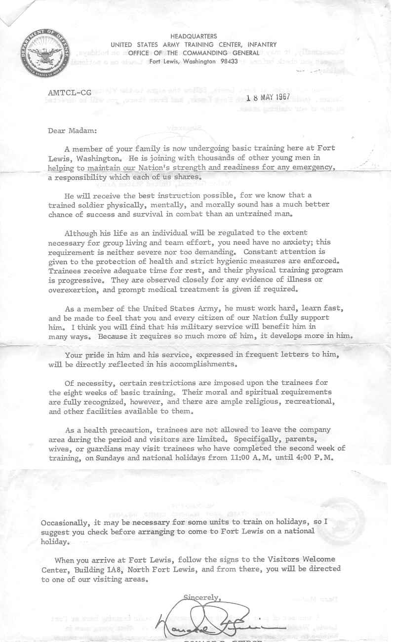 A 'Personal Letter' to Family Members from the Commanding General of the US Army Training Center, Infantry, Fort Lewis, Washington