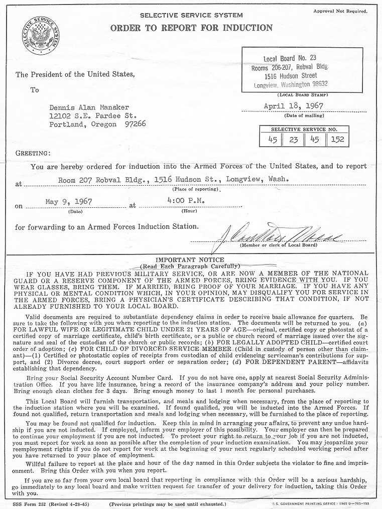 Order to Report for Induction