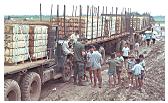 Line of trucks waiting to offload at Tan An